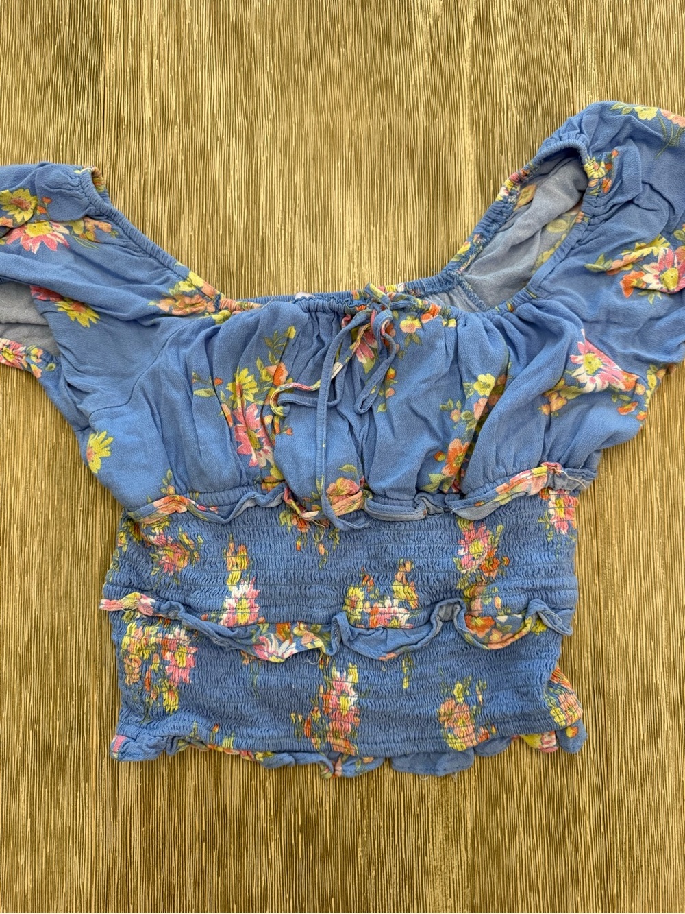 SO Blue Floral Smocked Tie-Front Crop Top